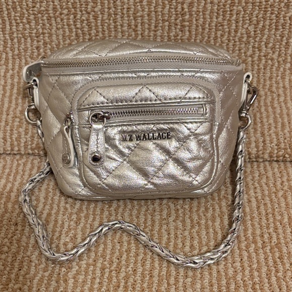 MZ Wallace Micro Crosby Silver Leather Quilted Sling - Picture 1 of 12